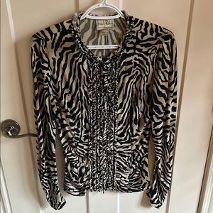 Joseph Ribkoff Zebra Sparkly Ruffled Made in Canada Zip Front Top, size 8